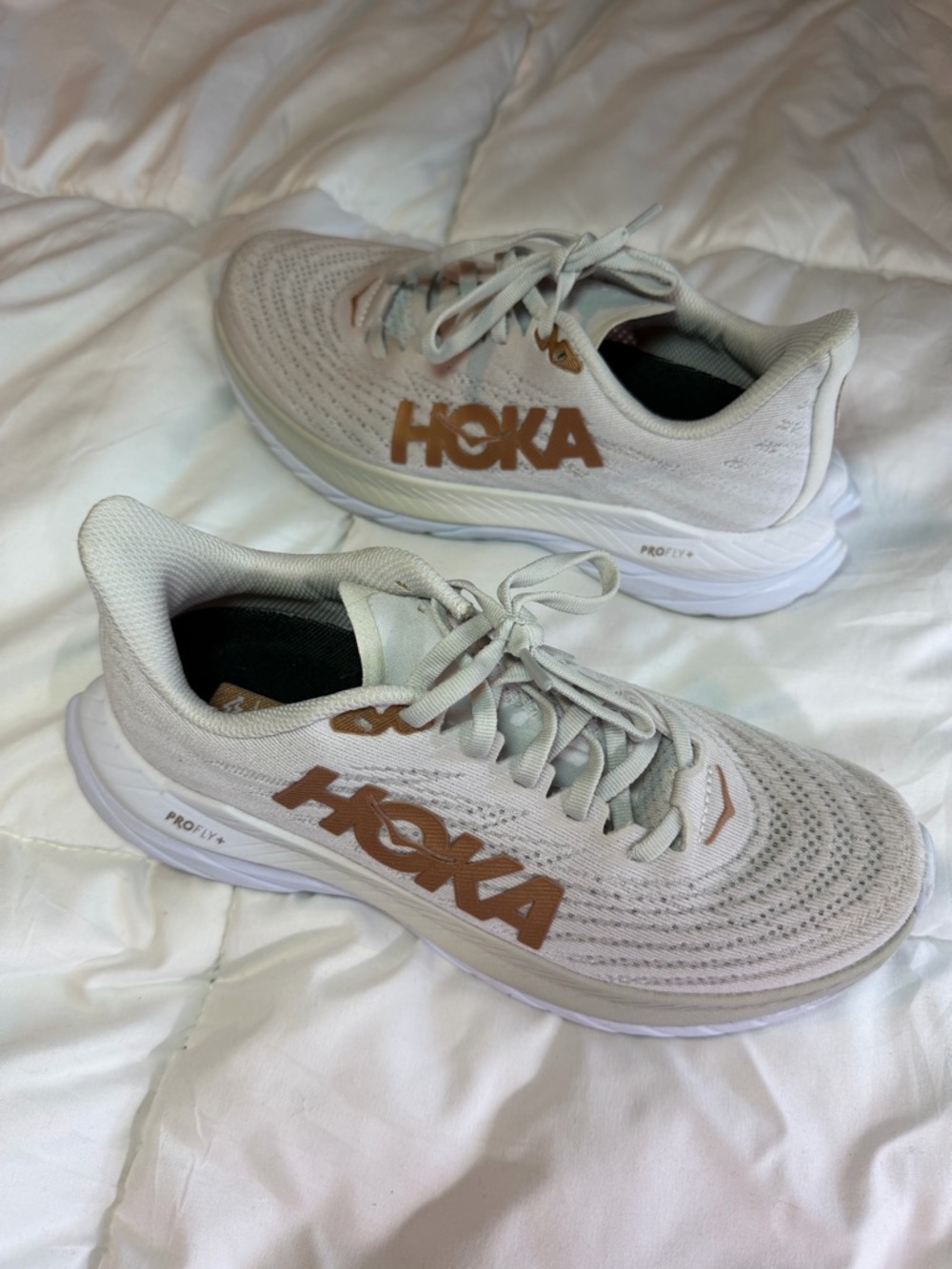 Hoka Men's Light Beige Running Sneakers with Tan Logo